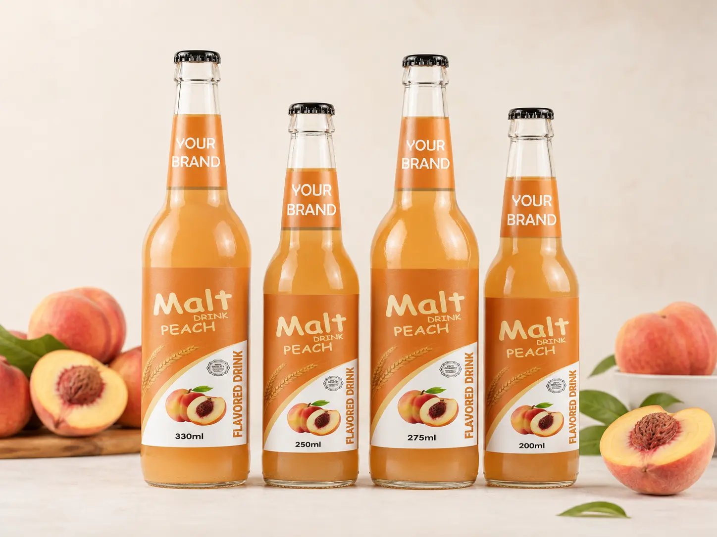 MALT DRINK Peach flavour in 330ml, 250ml, 275ml, and 200ml glass bottles.